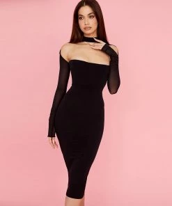 Trendy & Unique Sexy Cut Out Long Sleeve Mesh Corset Cocktail Midi Dress - Black