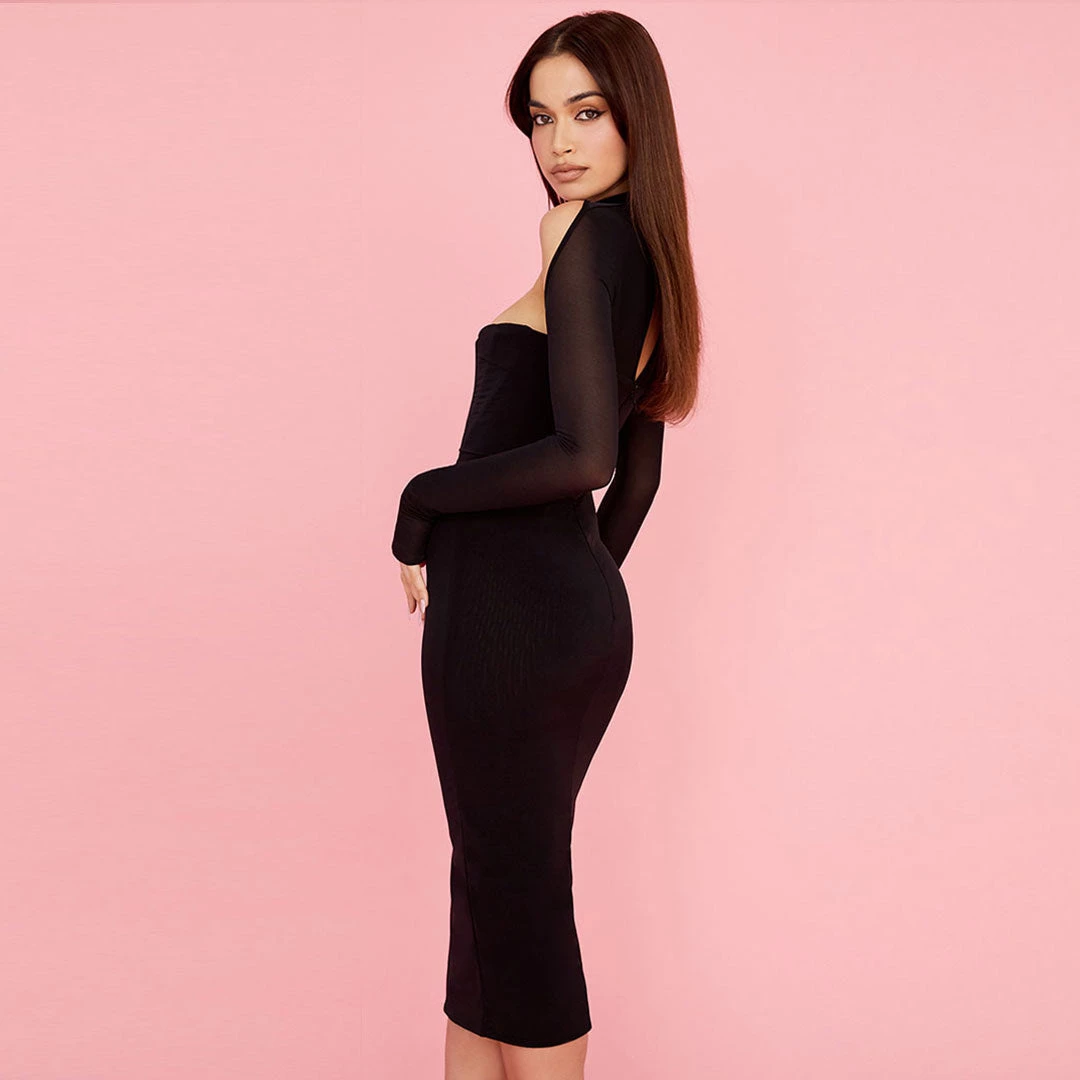 Trendy & Unique Sexy Cut Out Long Sleeve Mesh Corset Cocktail Midi Dress - Black 6 Trendy & Unique Sexy Cut Out Long Sleeve Mesh Corset Cocktail Midi Dress - Black