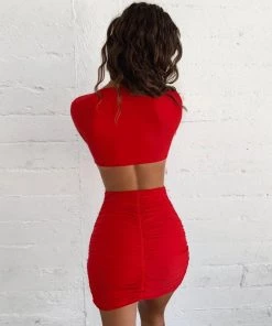 Trendy & Unique Sexy Deep V Neck Cut Out Long Sleeve Ruched Mini Dress - Red What's New