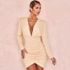Trendy & Unique What's New Sexy Deep V Neck Long Sleeve Ruched Party Mini Dress - Khaki
