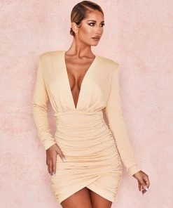 Trendy & Unique What's New Sexy Deep V Neck Long Sleeve Ruched Party Mini Dress - Khaki