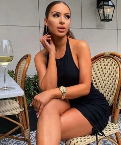 Trendy & Unique Sexy Drawstring Side Halter Neck Ruched Rib Knit Mini Dress - Black