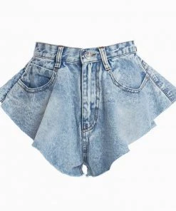 Trendy & Unique What's New Street Style Flare Hem High Waist Wide-Leg Mini Denim Shorts - Light Blue