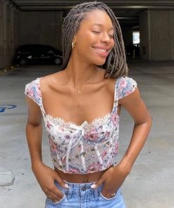 Trendy & Unique Sexy Floral Print Lace Trim Bustier Mesh Crop Top - White