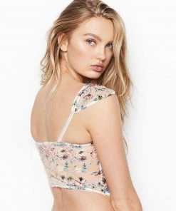 Trendy & Unique Sexy Floral Print Lace Trim Bustier Mesh Crop Top - White