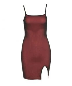 Trendy & Unique What's New Sexy Floss Strap Front Slit Mesh Bodycon Slip Mini Dress - Dark Red