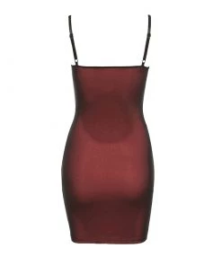 Trendy & Unique What's New Sexy Floss Strap Front Slit Mesh Bodycon Slip Mini Dress - Dark Red