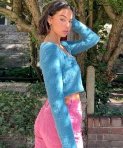 Trendy & Unique What's New Sexy Fuzzy Buttoned V Neck Knit Crop Cardigan - Blue