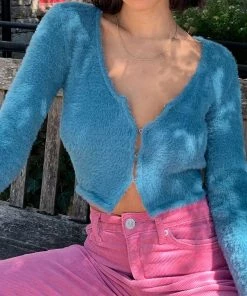 Trendy & Unique What's New Sexy Fuzzy Buttoned V Neck Knit Crop Cardigan - Blue