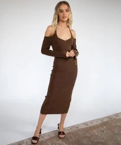 Trendy & Unique Sexy Halter Neck Long Sleeve Ribbed Knit Midi Dress - Coffee What's New