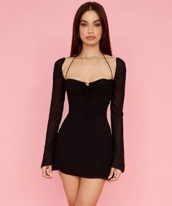 Trendy & Unique Sexy Halter Tie Strap Ruched Cut Out Club Mini Dress - Black What's New