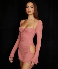 Trendy & Unique Sexy Halter Tie Strap Ruched Cut Out Club Mini Dress - Pink What's New