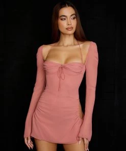 Trendy & Unique Sexy Halter Tie Strap Ruched Cut Out Club Mini Dress - Pink What's New
