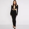 Trendy & Unique What's New Sexy High Neck Long Sleeve Ruched Cut Out Maxi Dress - Black