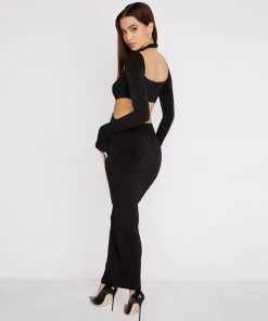 Trendy & Unique What's New Sexy High Neck Long Sleeve Ruched Cut Out Maxi Dress - Black