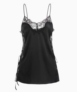 Trendy & Unique Lace Up Side Spaghetti Strap Scalloped Lace Trim Slip Chemise - Black 9 Trendy & Unique Lace Up Side Spaghetti Strap Scalloped Lace Trim Slip Chemise - Black