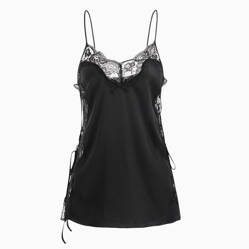 Trendy & Unique Lace Up Side Spaghetti Strap Scalloped Lace Trim Slip Chemise - Black 6 Trendy & Unique Lace Up Side Spaghetti Strap Scalloped Lace Trim Slip Chemise - Black