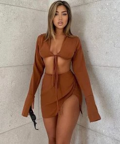 Trendy & Unique Sexy Long Sleeve Crop Blouse Skirt Matching Set - Chocolate What's New