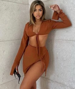 Trendy & Unique Sexy Long Sleeve Crop Blouse Skirt Matching Set - Chocolate What's New