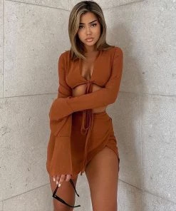 Trendy & Unique Sexy Long Sleeve Crop Blouse Skirt Matching Set - Chocolate What's New