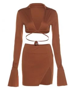 Trendy & Unique Sexy Long Sleeve Crop Blouse Skirt Matching Set - Chocolate What's New