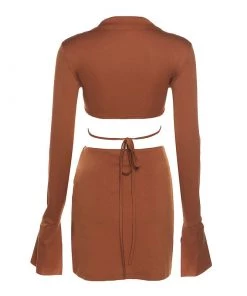 Trendy & Unique Sexy Long Sleeve Crop Blouse Skirt Matching Set - Chocolate What's New