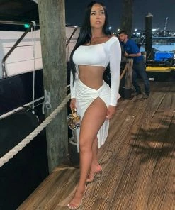 Trendy & Unique Sexy Long Sleeve Crop Top High Slit Skirt Matching Set - White 9 Trendy & Unique Sexy Long Sleeve Crop Top High Slit Skirt Matching Set - White