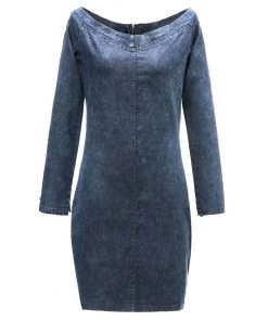 Trendy & Unique Sexy Off Shoulder Long Sleeve Bodycon Denim Mini Dress - Blue What's New