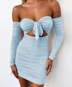 Trendy & Unique What's New Sexy Off Shoulder Long Sleeve Ruched Party Mini Dress - Blue