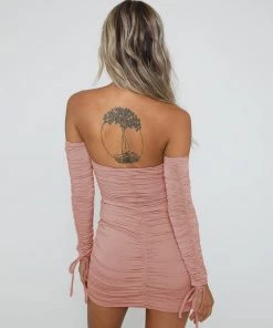 Trendy & Unique Sexy Off Shoulder Long Sleeve Ruched Party Mini Dress - Pink