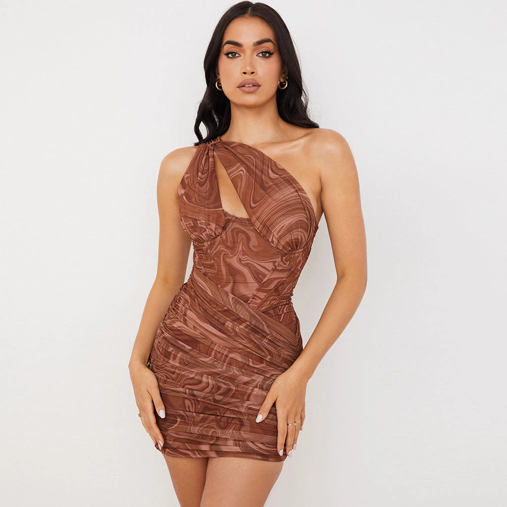 Trendy & Unique Sexy One Shoulder Wave Print Ruched Bodycon Party Mini Dress - Coffee 3 Trendy & Unique Sexy One Shoulder Wave Print Ruched Bodycon Party Mini Dress - Coffee