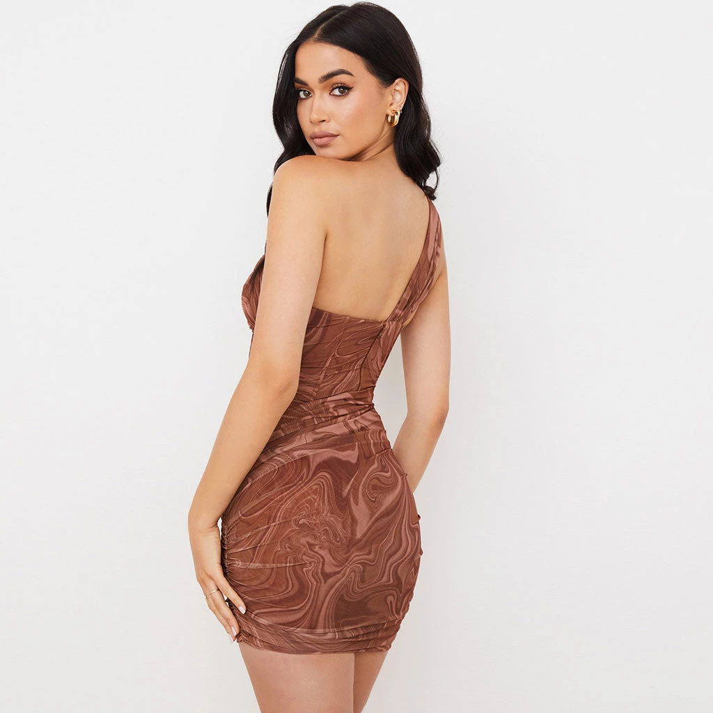 Trendy & Unique Sexy One Shoulder Wave Print Ruched Bodycon Party Mini Dress - Coffee 5 Trendy & Unique Sexy One Shoulder Wave Print Ruched Bodycon Party Mini Dress - Coffee