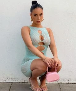 Trendy & Unique Sexy Polka Dot Rhinestone Trimmed Cut Out Mesh Sheer Romper - Teal What's New