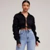 Trendy & Unique Sexy Ruched Long Sleeve Tied Front Collared Crop Blouse - Black What's New 1 Trendy & Unique Sexy Ruched Long Sleeve Tied Front Collared Crop Blouse - Black What's New