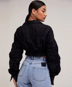 Trendy & Unique Sexy Ruched Long Sleeve Tied Front Collared Crop Blouse - Black What's New