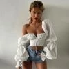 Trendy & Unique What's New Sexy Ruffle Gathered Puff Sleeve Tie Bustier Crop Top - White