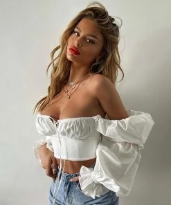Trendy & Unique What's New Sexy Ruffle Gathered Puff Sleeve Tie Bustier Crop Top - White