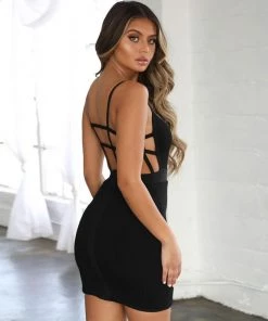 Trendy & Unique Sexy Scoop Neck Backless Ribbed Bodycon Mini Dress - Black