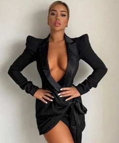 Trendy & Unique What's New Sexy Shoulder Pad Long Sleeve Tied Front Party Mini Blazer Dress - Black