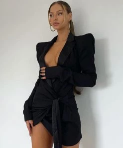 Trendy & Unique What's New Sexy Shoulder Pad Long Sleeve Tied Front Party Mini Blazer Dress - Black