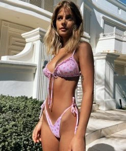 Trendy & Unique What's New Sexy Style Solid Color Ruched Tie String Triangle Bikini Set - Pink