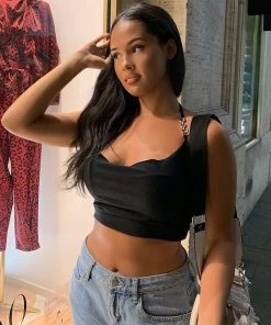 Trendy & Unique What's New Sexy Style Chain Strap Cowl Neck Halter Neck Crop Top - Black