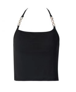 Trendy & Unique What's New Sexy Style Chain Strap Cowl Neck Halter Neck Crop Top - Black