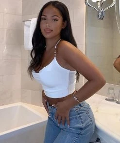 Trendy & Unique Sexy Style Chain Strap Cowl Neck Halter Neck Crop Top - White