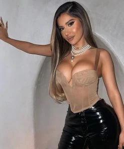 Trendy & Unique What's New Sexy Suspender Strap Bustier V Neck Mesh Crop Corset Top - Khaki