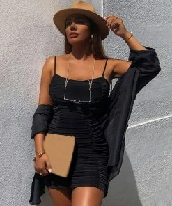 Trendy & Unique Sexy Tie Strap Square Neck Bodycon Ruched Party Mini Dress - Black What's New