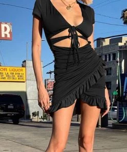 Trendy & Unique What's New Sexy V Neck Floss Strap Ruched Bodycon Party Mini Dress - Black