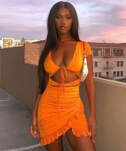 Trendy & Unique What's New Sexy V Neck Floss Strap Ruched Bodycon Party Mini Dress - Orange