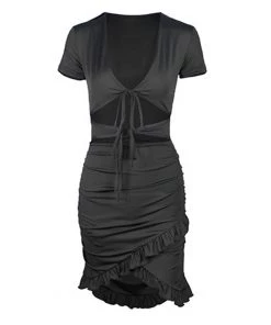 Trendy & Unique What's New Sexy V Neck Floss Strap Ruched Bodycon Party Mini Dress - Black