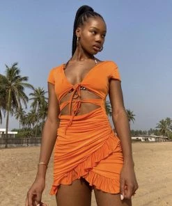 Trendy & Unique What's New Sexy V Neck Floss Strap Ruched Bodycon Party Mini Dress - Orange